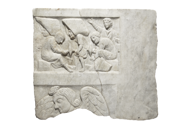  Rilievo funerario - Scalpellini al lavoro, marmo lunense, III sec. d.C., Parco Archeologico di Ostia Antica